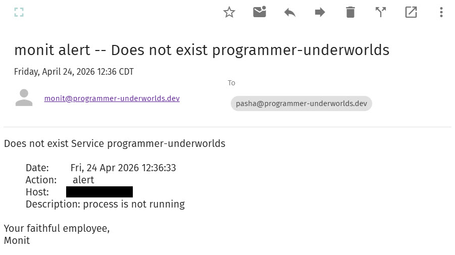 رسالة من monit تفيد بأن عملية programmer-underworlds قد ماتت.